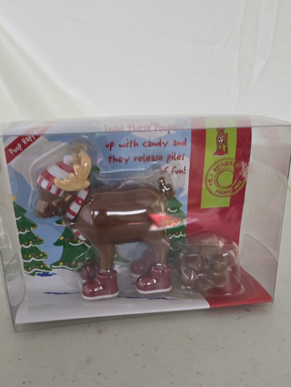 Source Unknown Brown Reindeer Candy Dispenser with Red Boots and Striped Scarf